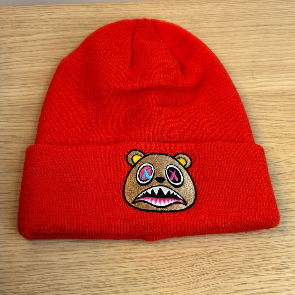 Red Streetwear Bear Graphic Cuffed Beanie Knit Winter Hat OSFM RN101372